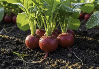 Fresh Red Radishes Thriving in Rich Garden Soil, Adorned with Dew Drops on Vibrant Green Leaves Under Golden Sunlight, Symbolizing Healthy Natural Growth