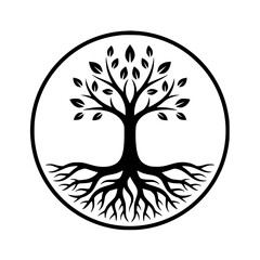 Elegant tree of life logo design in a circular frame, black and white