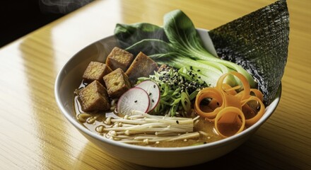 Steaming Vegan Tofu Ramen Bowl with Fresh Vegetables, Enoki Mushrooms, and Nori on a Wooden Table