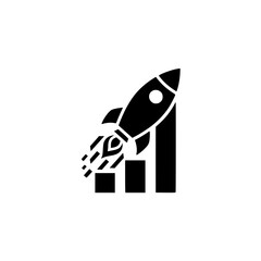 Rocket Launching Over Growing Bar Chart Icon Vector: Business Growth, Startup Success, or Fast Progress Concept.