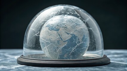 A glass dome encases a textured globe, symbolizing a fragile world, with a dark background enhancing its ethereal appearance.
