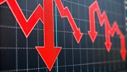 Graph depicting a downward trend with red arrows on a digital background, symbolizing market decline or loss.