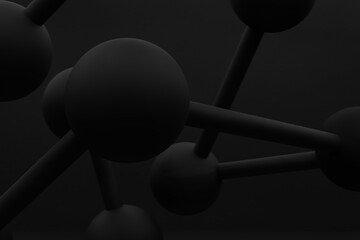 Dark Black Molecules in Motion on a Red Background, 3D Close-Up