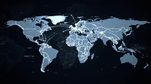 Animated digital world map showing global network connections data transfer and communication lines across continents Futuristic business technology concept - Powered by Adobe