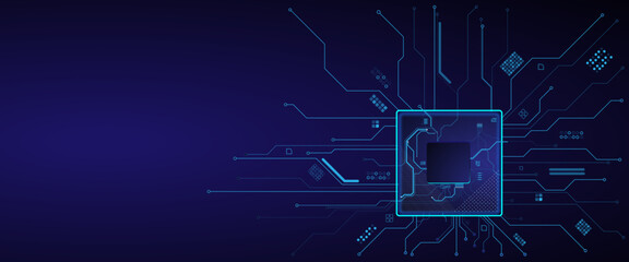 CPU with Light Glowing Neon Frame on Circuit Board. Abstract digital or semiconductor with circuit board wires and electronics components.