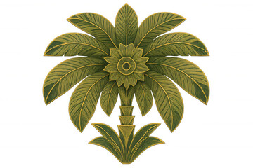 Stylized tropical palm tree illustration, ornate woodcut art depicting exotic nature and botanical symmetry, transparent background