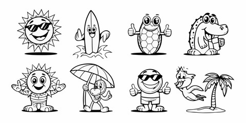 Collection of cartoon characters enjoying summer vacation with sun surfboard turtle alligator and palm tree