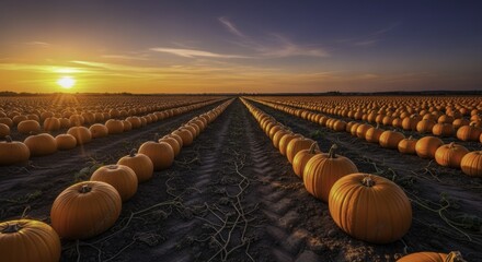 Vibrant Pumpkin Field at Golden Sunset, Rows of Ripe Pumpkins Ready for Autumn Harvest and Fall Celebrations