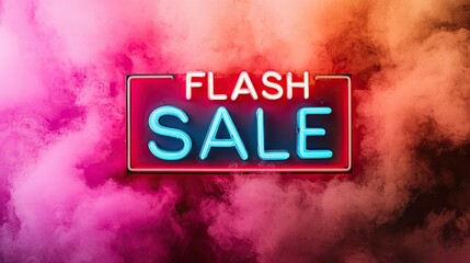 Bright neon sign announcing a flash sale amidst colorful smoke, perfect for promotions and marketing.