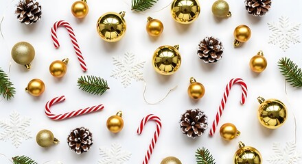 Christmas flat lay background with golden baubles pine cones candy canes and snowflakes festive holiday decoration on white top view composition perfect for seasonal greeting cards posters and invitat