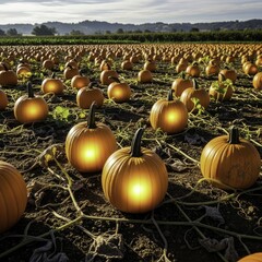Vast Autumn Pumpkin Patch with Magical Glowing Pumpkins under a Serene Sky, ready for Harvest and Fall Celebrations