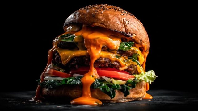 Delicious burger with dripping melted cheese against dark background