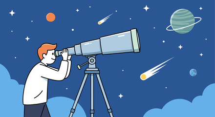 A person uses a telescope to observe the vast expanse of the night sky with planets and meteors.