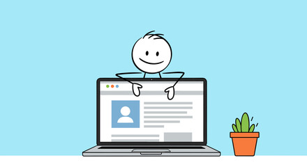 A happy stick figure peeking over a laptop screen showing a profile page.