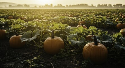 Golden Hour Glow on a Vast Pumpkin Patch: Ripe Pumpkins and Green Vines Bathed in Misty Morning Light, Ready for Autumn Harvest