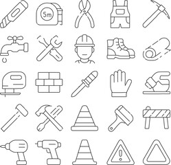 Set of construction tools and equipment icons. The collection includes a variety of tools and equipment commonly used in the construction industry, such as a hammer, wrench, saw.