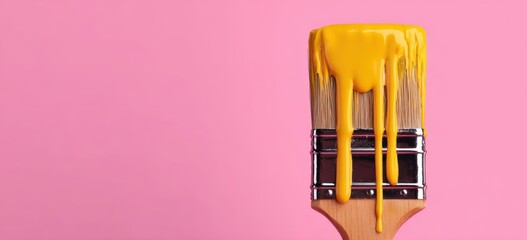 Vibrant Paintbrush with Dripping Yellow Liquid from Bristles against Pink Background, a Web Banner Representing Creativity and Artistic Expression with Copy Space