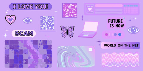 Collage of digital art elements with purple and pink hues featuring butterflies hearts eyes and text about love and scams