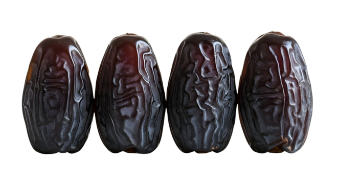 Four sweet dried Medjool dates lined up and isolated on a white background