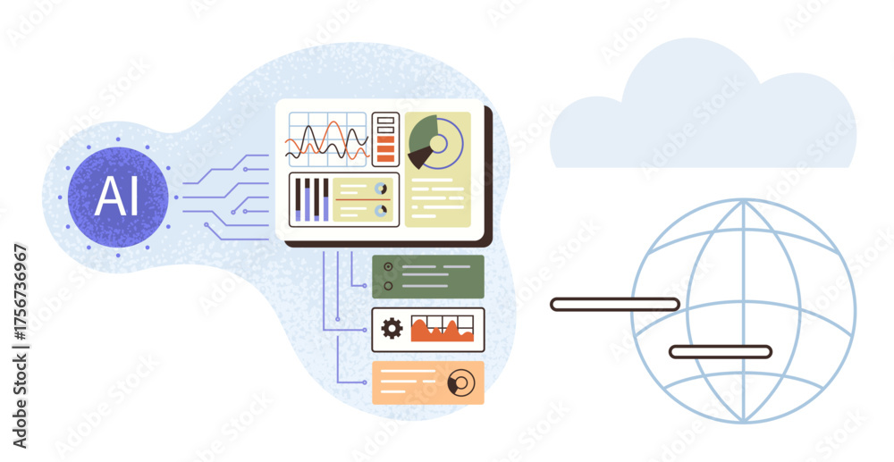 Wall mural AI module links to analytics dashboard and cloud network with a globe, highlighting connectivity, data-driven insights. Ideal for innovation, automation, strategy, technology, networking