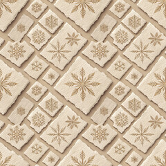 Vintage-style snowflake illustrations on layered beige paper squares, forming a seamless winter pattern with a soft, rustic feel.