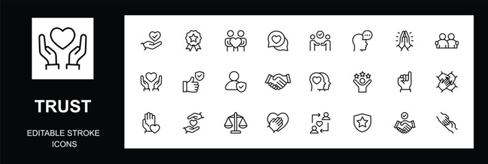 Minimalist trust line icons set, featuring responsibility, reliable, comitment, unity, trust, consistency, friend, trusted, truth, loyalty, belief, swea. vector illustration.