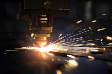 Laser cutting head creating sparks while precisely processing metal sheet, demonstrating industrial technology and manufacturing precision