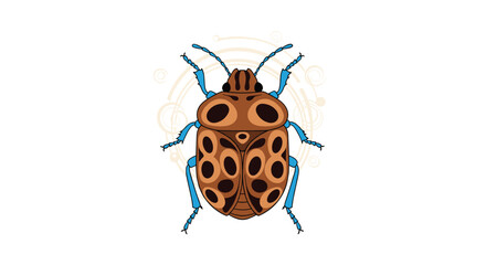 A detailed illustration of a brown spotted insect with blue legs surrounded by decorative patterns.