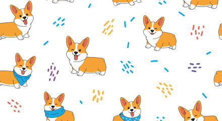 Obraz premium Whimsical pattern of happy corgi dogs with playful confetti sprinkles.