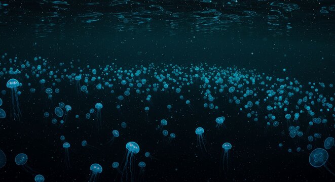 Blue Jellyfish Swarm Floating in Dark Ocean Water Under Surface Lighting - Powered by Adobe