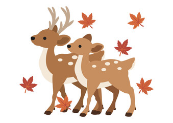 紅葉の葉が舞う中で歩く鹿のペア