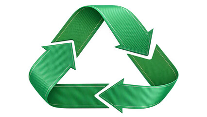 A green recycling symbol made of woven ribbon, isolated on transparent background