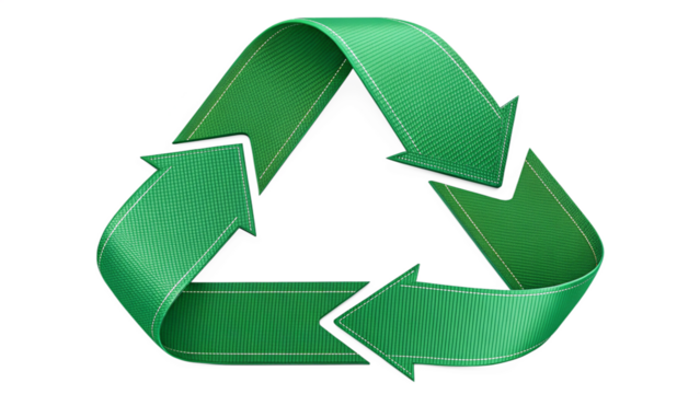 A green recycling symbol made of woven ribbon, isolated on transparent background