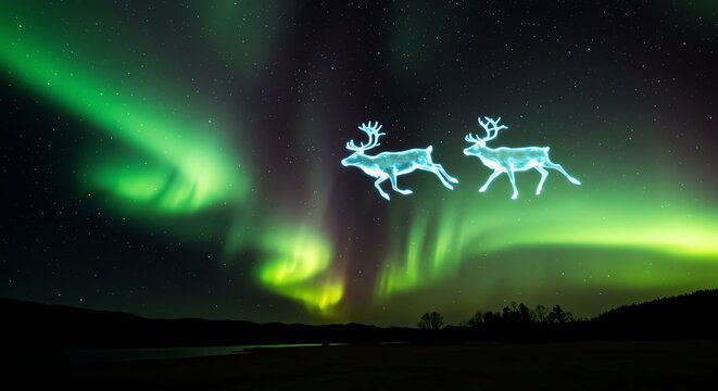 Northern Lights Aurora Borealis with Glowing Reindeer in Night Sky