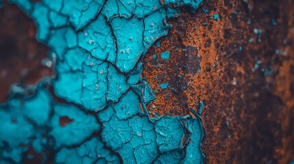 Stunning macro texture of cracked turquoise paint peeling to reveal rusty orange underlayer for unique artistic backgrounds and grunge designs for creative projects