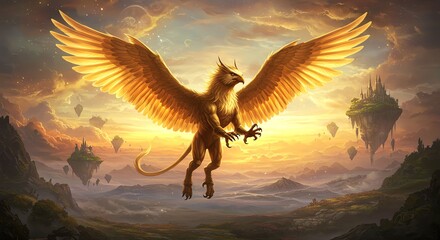 Majestic Golden Winged Griffin Flying Over Fantasy Landscape with Floating Islands and Castle in Sky