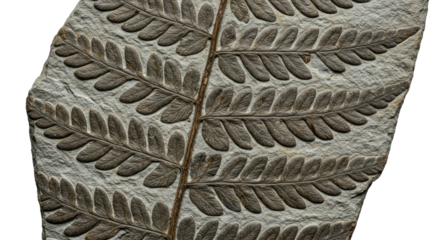 Ancient fern fossil imprint showing intricate leaf details preserved in stone.