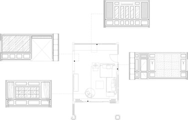 Interior design drawing of living room with furniture, showcase cabinet, wall decoration design, layout plan and elevation