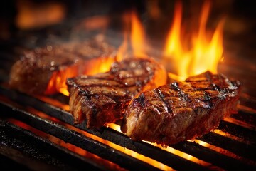 Beef steaks sizzling on a hot grill over vibrant flames in a backyard setting during an evening barbecue gathering