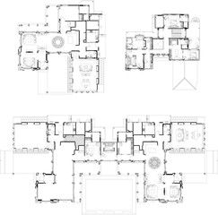 Furniture layout drawing and floor plan for large residential building — first and second floors with living hall, living room, kitchen, dining room, bedroom and bathroom