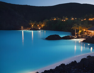 Beautiful blue lagoon in the evening. Generated by artificial intelligence. Night view of Lake Garda in Italy.