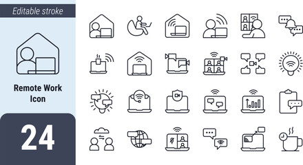 Remote Work Icon Set – Work from Home, Online Meeting, Video Conference, and Digital Communication Line Icons
