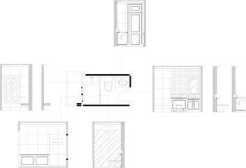 Bathroom interior design drawing with wash basin, toilet, shower area with seating, wet and dry zone separation, furniture layout plan, elevation, and section