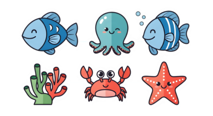 Charming Seamless Pattern of Cute Cartoon Sea Creatures - Fish, Octopus, Crab, Starfish, Marine Life Art