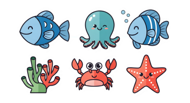 Charming Seamless Pattern of Cute Cartoon Sea Creatures - Fish, Octopus, Crab, Starfish, Marine Life Art