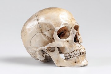 Obraz premium Human skull model displayed on a smooth white background, intricately detailed to showcase anatomical features for educational purposes