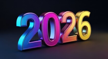 A vibrant and colorful 3d rendering of the year 2026 on a dark surface