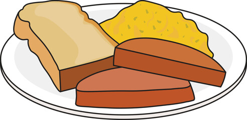 Vector illustration of a classic breakfast plate featuring scrambled eggs, toasted bread, and slices of fried spam or ham.