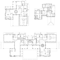 Furniture layout drawing and floor plan for large residential building — first and second floors with living hall, living room, kitchen, dining room, bedroom and bathroom