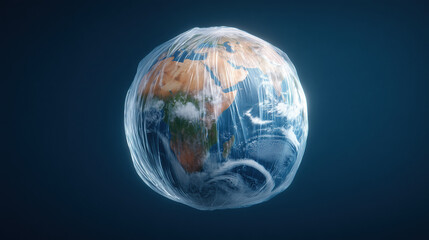 Earth floating in space, wrapped in transparent plastic, symbolizes environmental issues and climate change. image evokes sense of urgency and awareness about protecting our planet